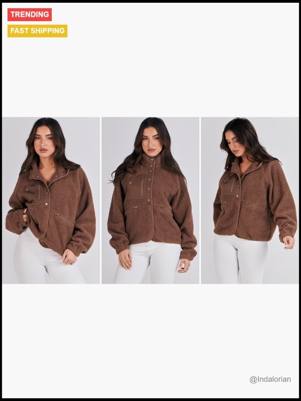 Fleece Jacket Long Sleeve Cropped Sherpa Button Down Shacket With Pockets - Picture 7 of 7